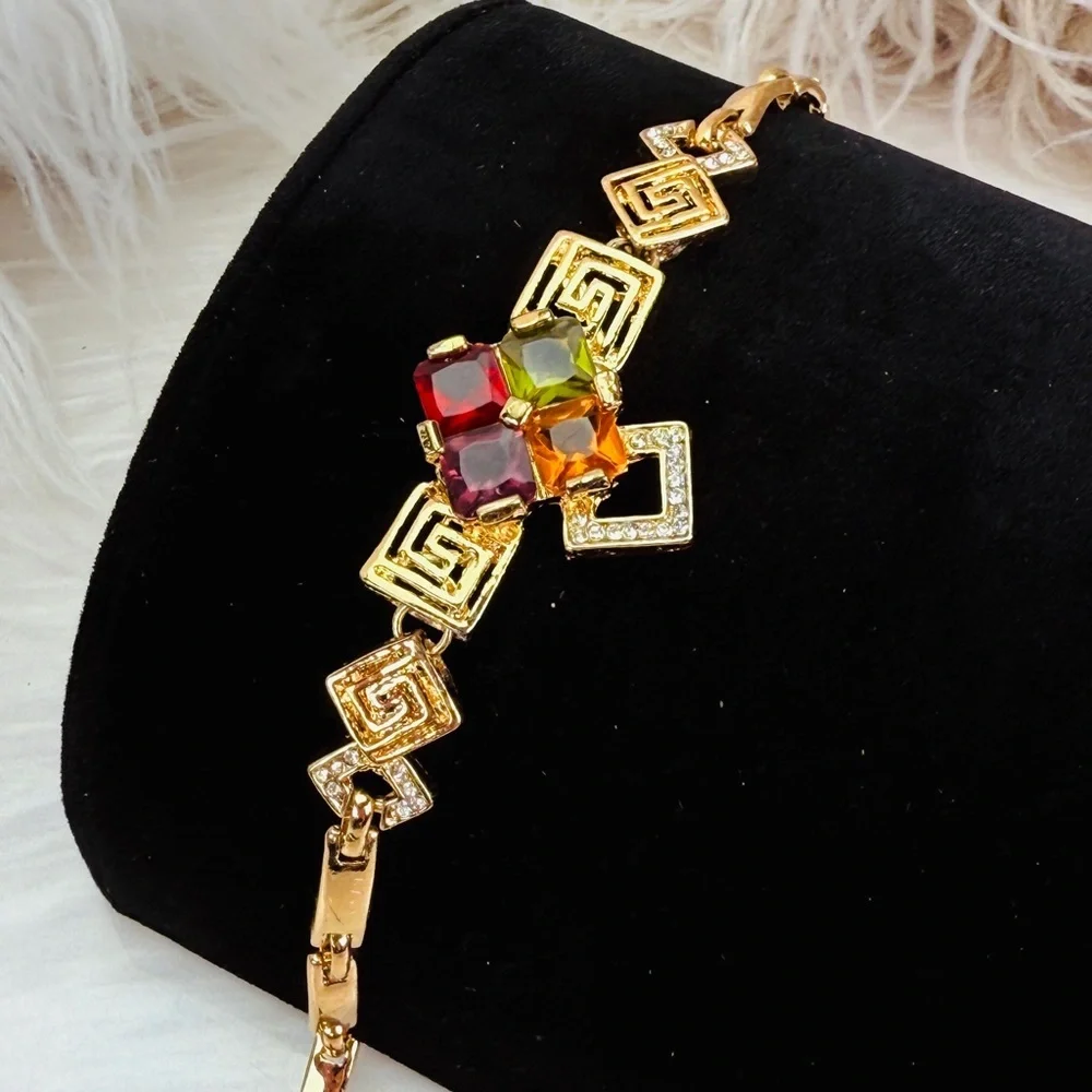 Vintage Geometric Goldtone Bracelet Multicolor Faceted Stones Greek Key Links